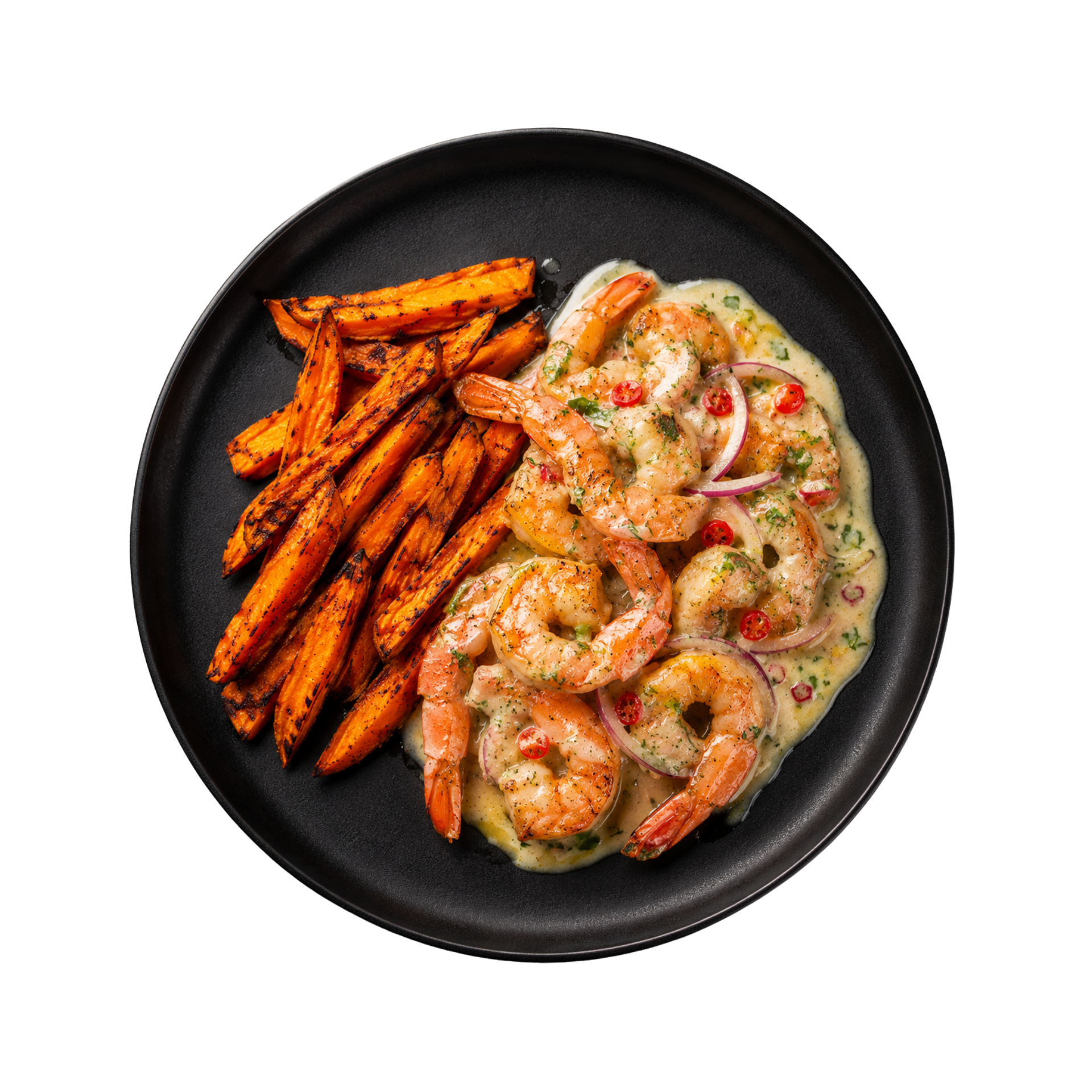 Langostinos Acevichados + Camote Glaseado  (Acevichado Shrimp + Glazed Sweet Potato)