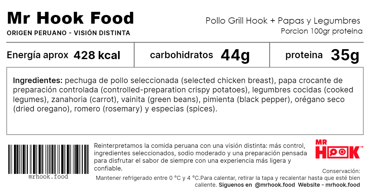 Pollo Grill Hook + Papas y Legumbres (Hook Grilled Chicken + Potatoes and Legumes)